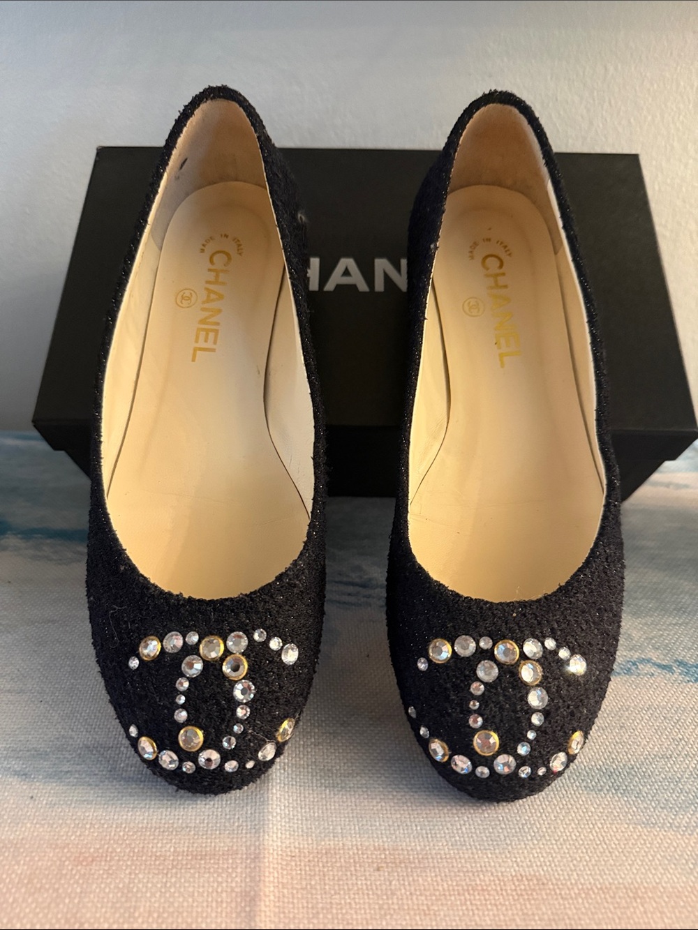 CHANEL Black Crystal CC Logo Ballet Flats